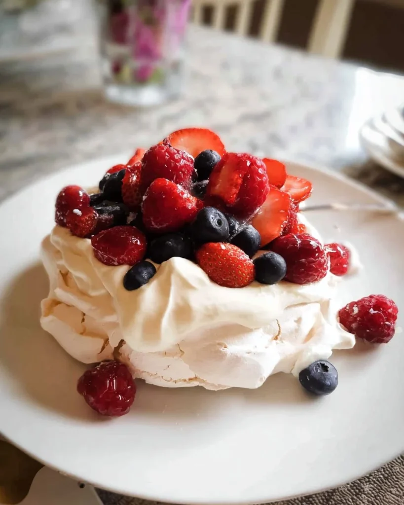 Delicious Pavlova dessert topped with fresh fruits and whipped cream