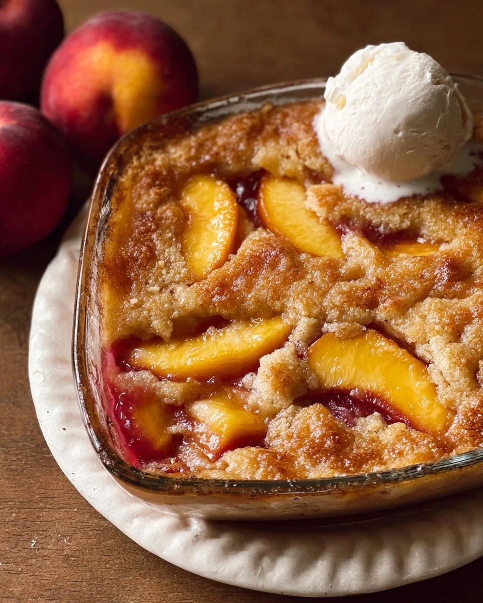 Delicious homemade peach cobbler dessert served with ice cream