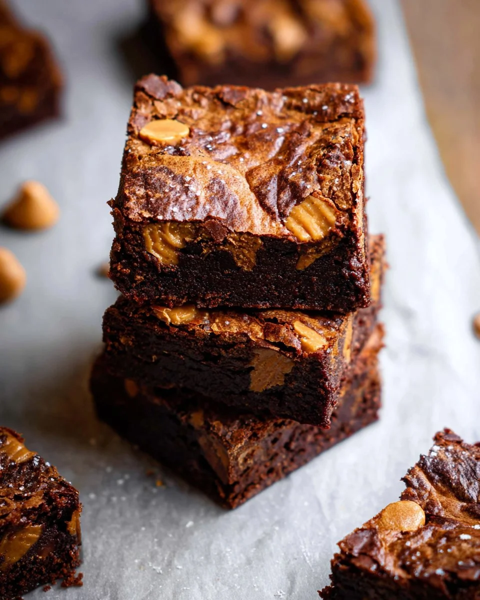 Delicious homemade peanut butter brownies on a white plate.
