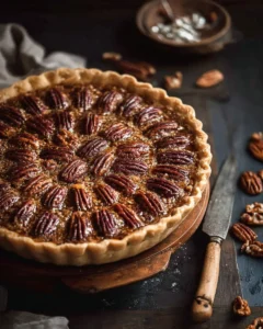 Delicious pecan pie slice on a rustic wooden table