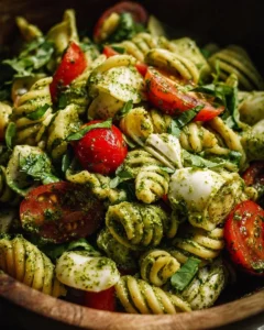 Delicious pesto pasta salad with fresh ingredients and vibrant colors.