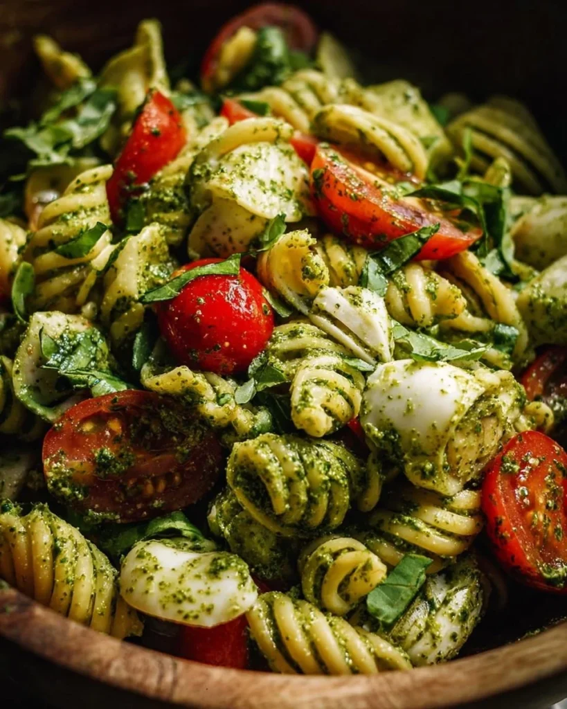 Delicious pesto pasta salad with fresh ingredients and vibrant colors.
