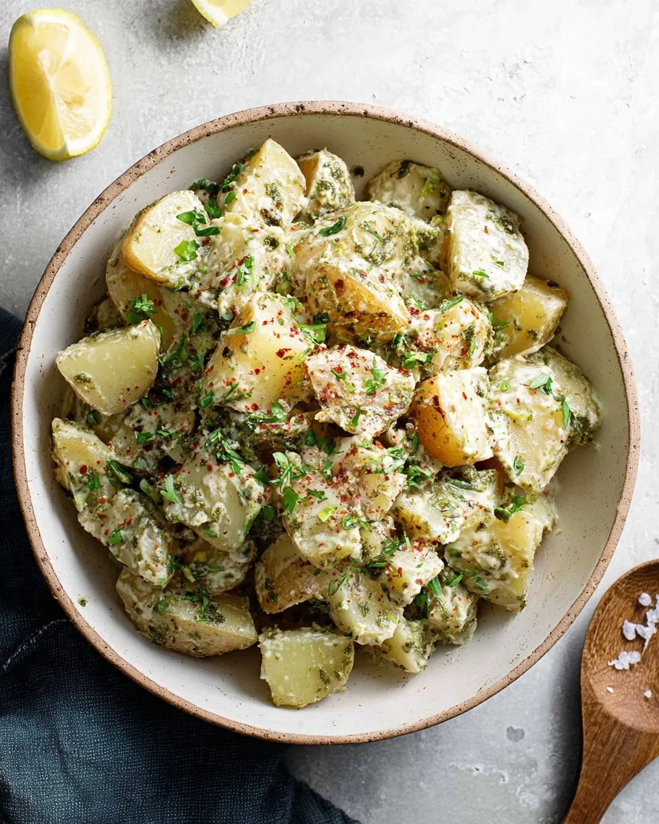 Delicious Pesto Potato Salad served in a bowl with fresh herbs and veggies