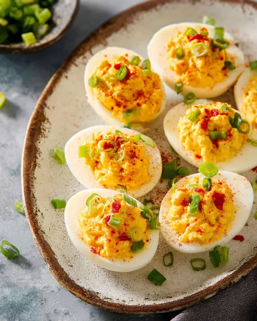 Pimento cheese deviled eggs garnished with paprika on a serving platter