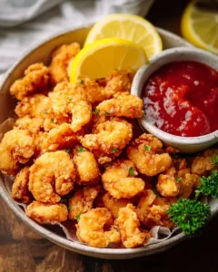 Deliciously crispy popcorn shrimp served with a dipping sauce