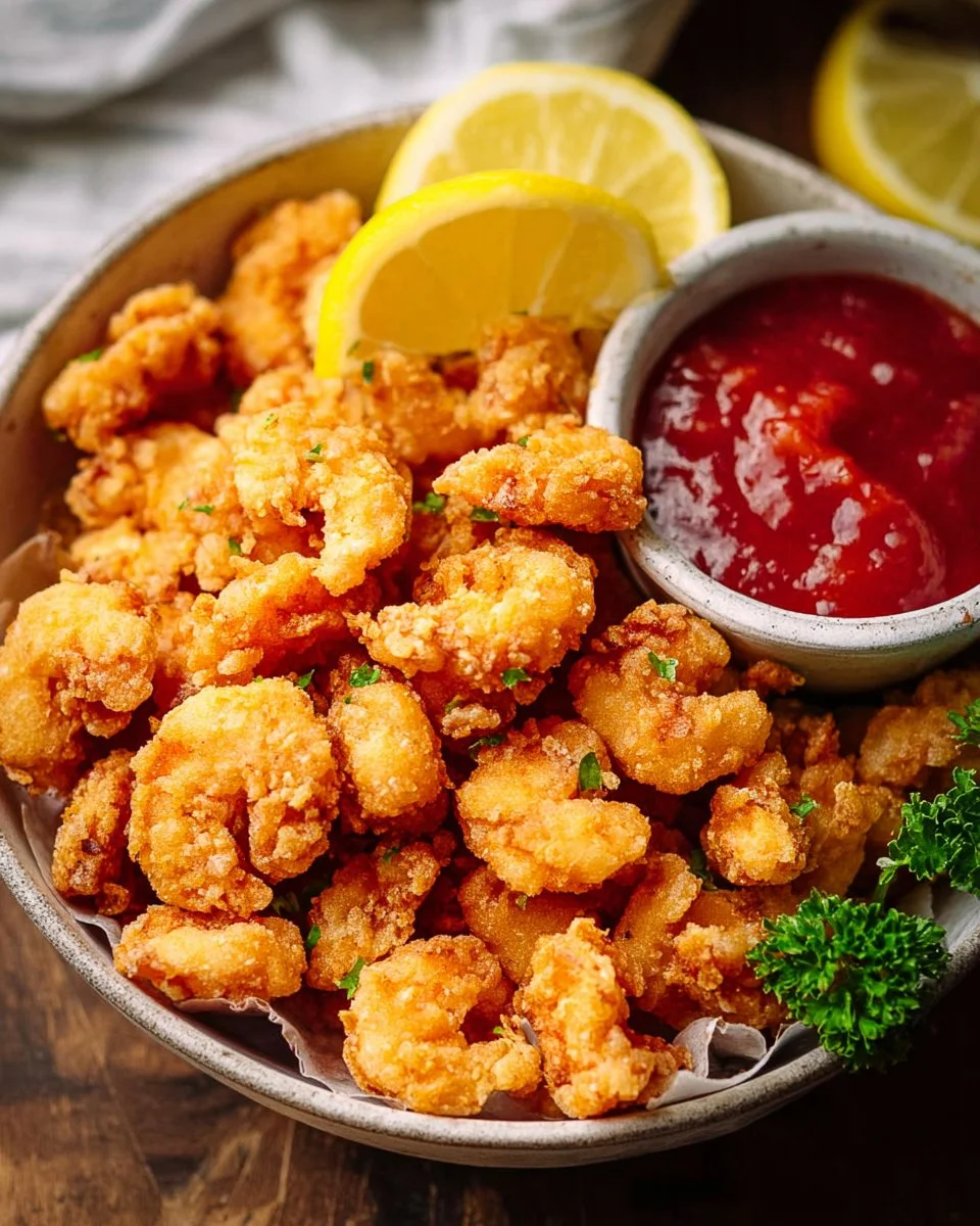 Deliciously crispy popcorn shrimp served with a dipping sauce