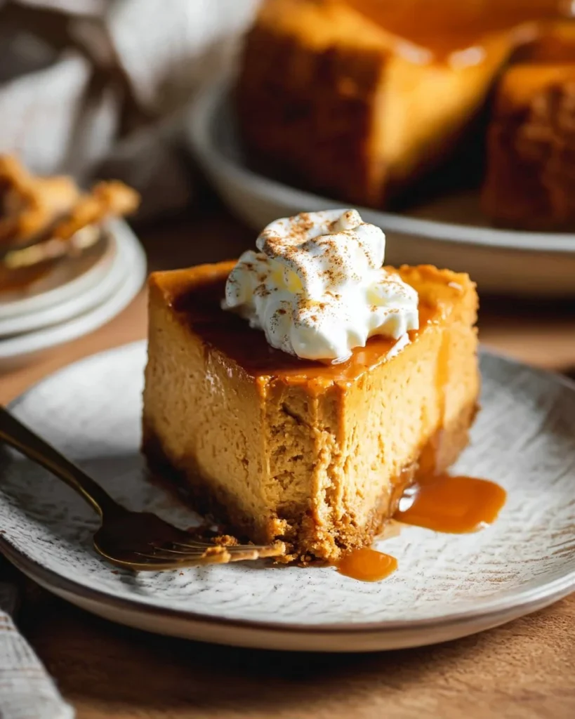 Delicious homemade pumpkin cheesecake served with whipped cream and spices