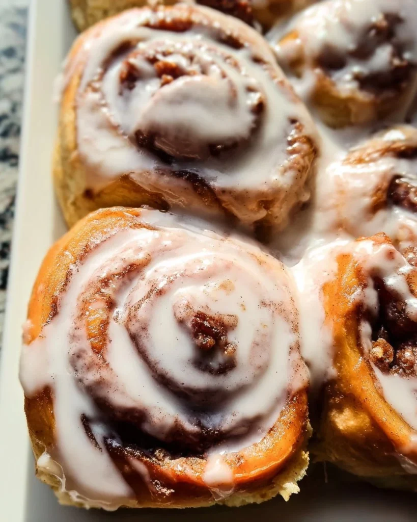 Homemade pumpkin cinnamon rolls with icing on a plate