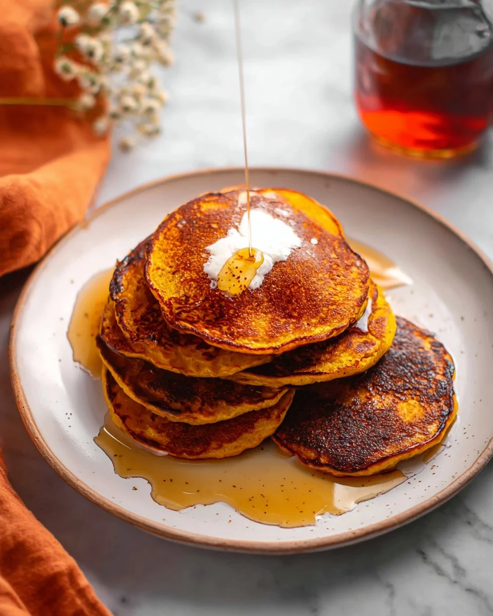 Delicious pumpkin pancakes topped with syrup and whipped cream