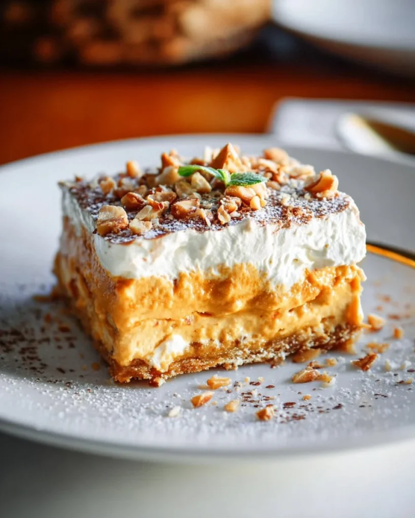 Slices of Pumpkin Pie Dessert Lasagna served on a plate