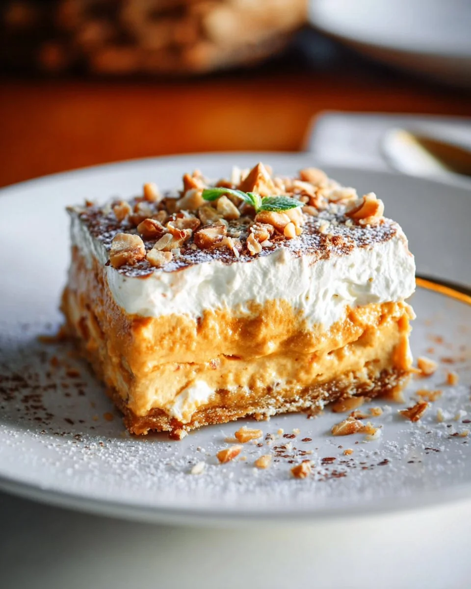 Slices of Pumpkin Pie Dessert Lasagna served on a plate