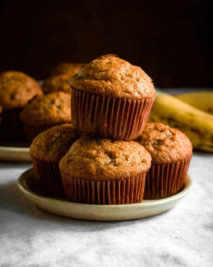 Freshly baked quick and easy banana muffins on a plate