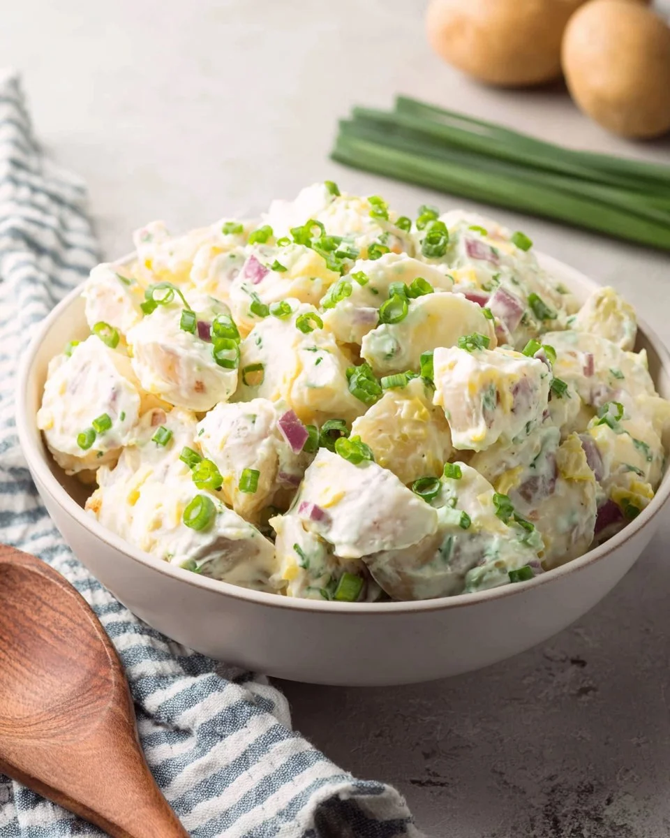 Delicious ranch potato salad served in a bowl with fresh herbs