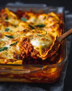 Delicious Ravioli Lasagna Bake served in a casserole dish