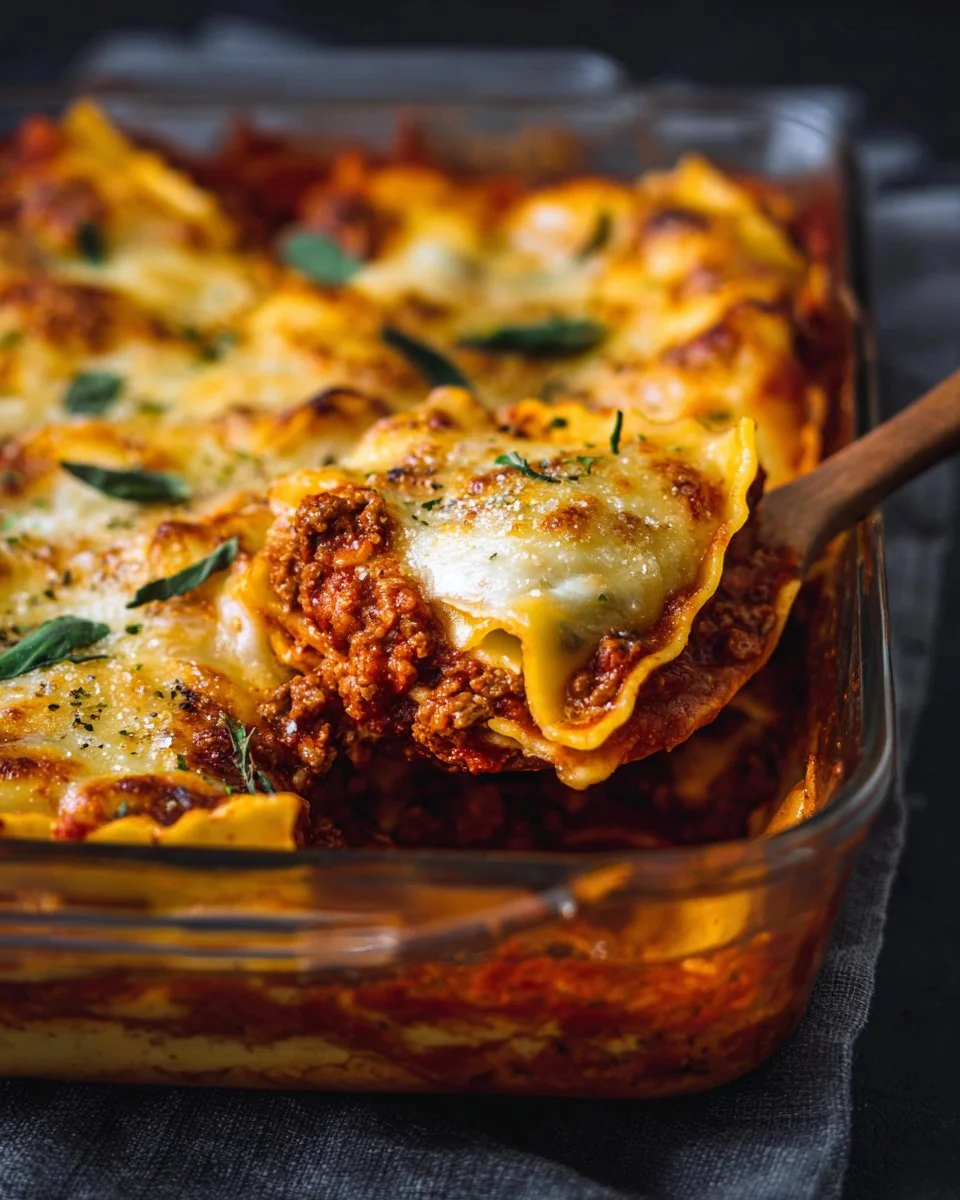 Delicious Ravioli Lasagna Bake served in a casserole dish