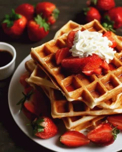 Stack of fluffy and delicious waffles topped with syrup and berries
