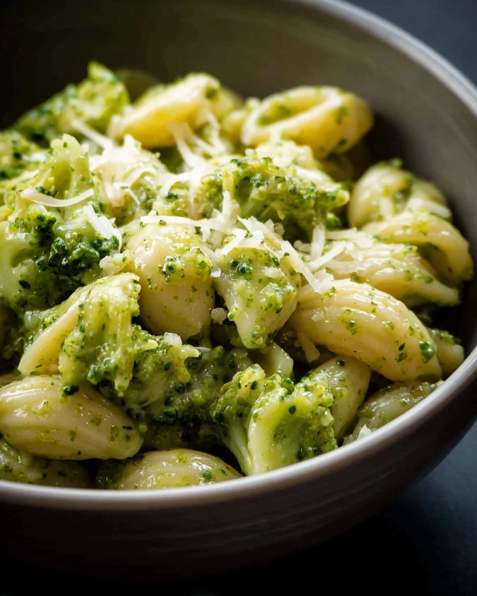 A bowl of really quick broccoli pasta topped with cheese and herbs