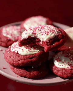 Deliciously soft and vibrant red velvet cookies on a cooling rack