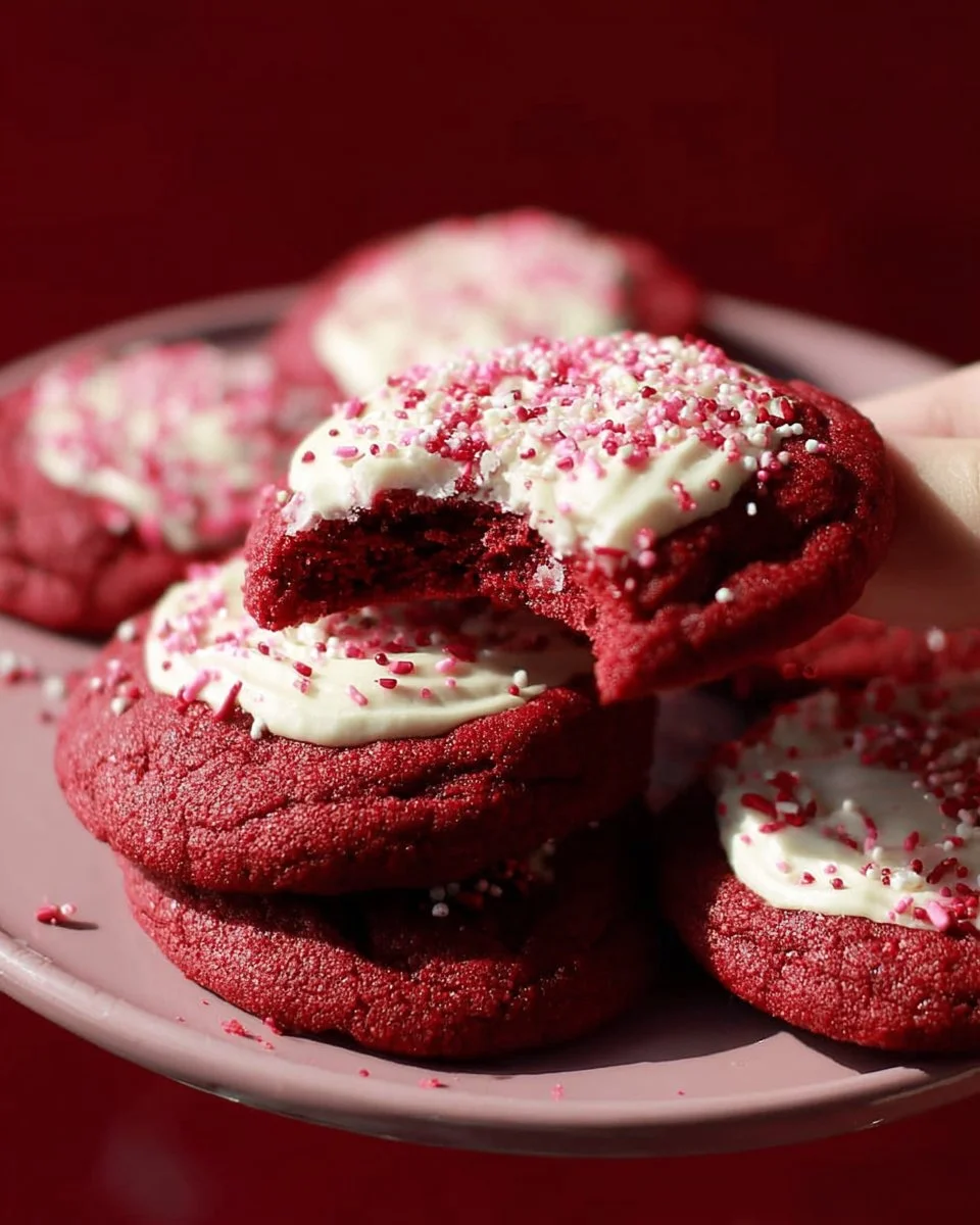 Deliciously soft and vibrant red velvet cookies on a cooling rack