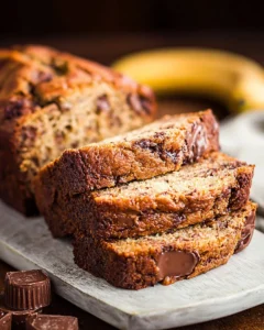 Slice of Reese's Peanut Butter Cup Banana Bread on a plate