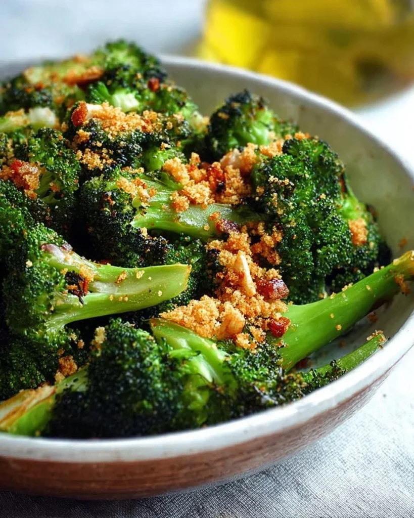 Plate of roasted broccoli topped with toasted breadcrumbs