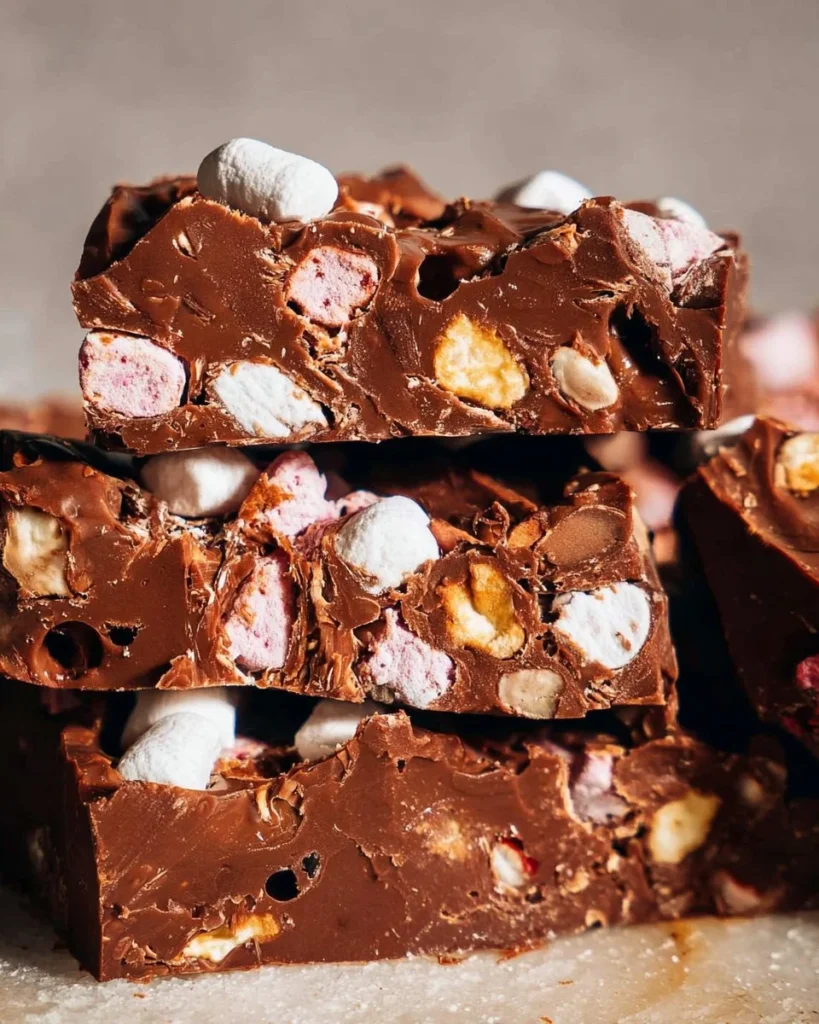 Delicious homemade Rocky Road dessert with chocolate and marshmallows