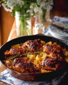 Rotisserie flavored chicken and potato bake garnished with herbs