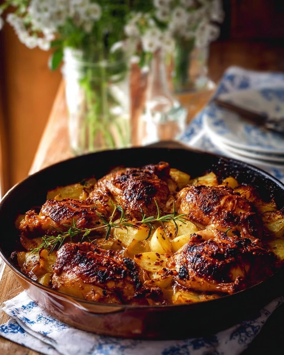 Rotisserie flavored chicken and potato bake garnished with herbs