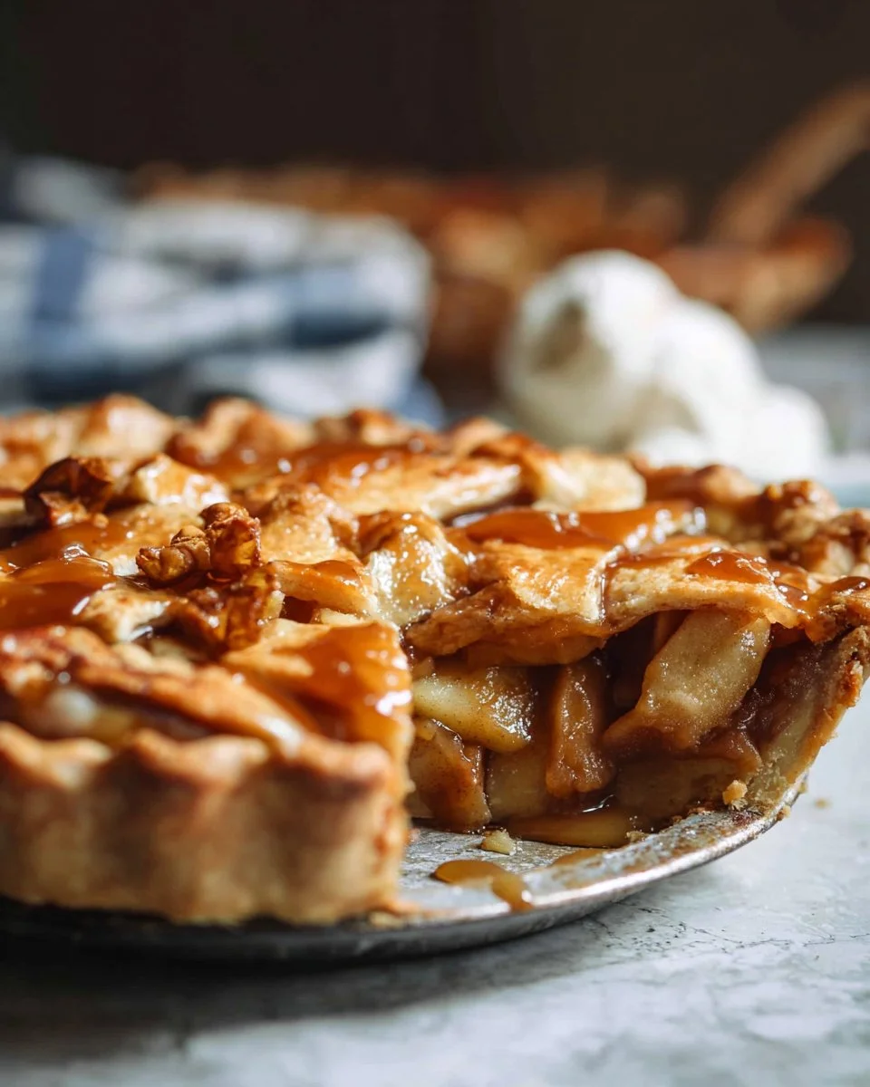 Delicious salted caramel apple pie with a golden crust and fresh apple filling.