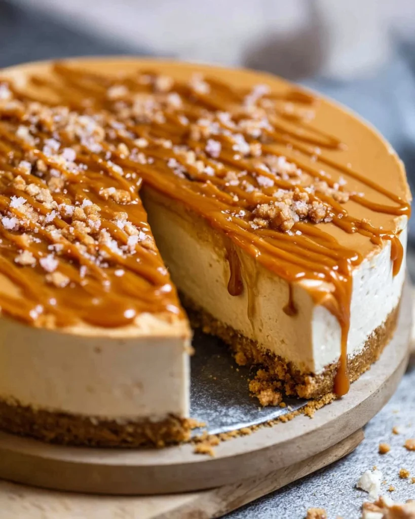Delicious salted caramel no bake cheesecake topped with caramel sauce