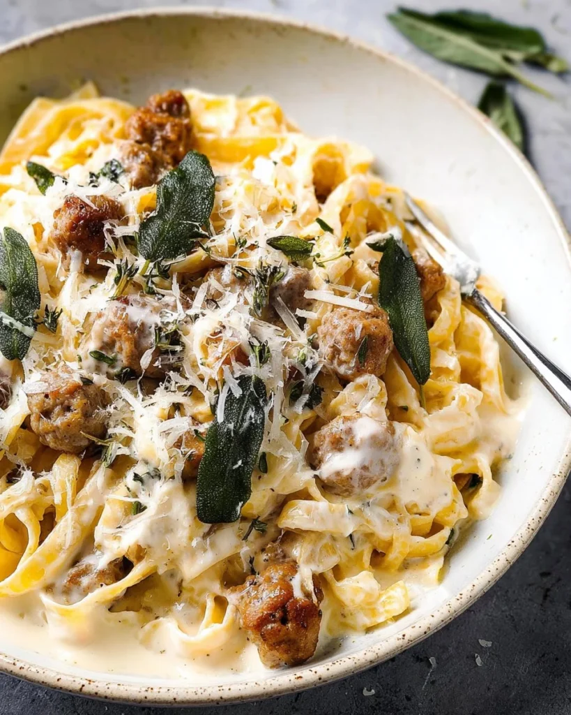 Creamy sausage alfredo pasta garnished with fried sage leaves