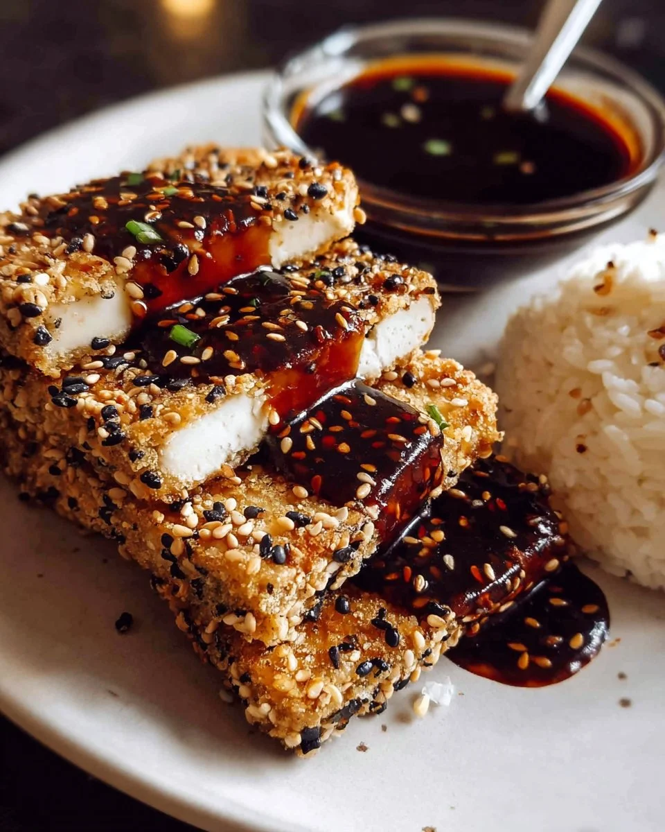 Sesame crusted tofu steaks topped with teriyaki sauce on a plate