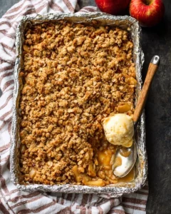 Sheet pan apple crisp with golden oats and cinnamon topping