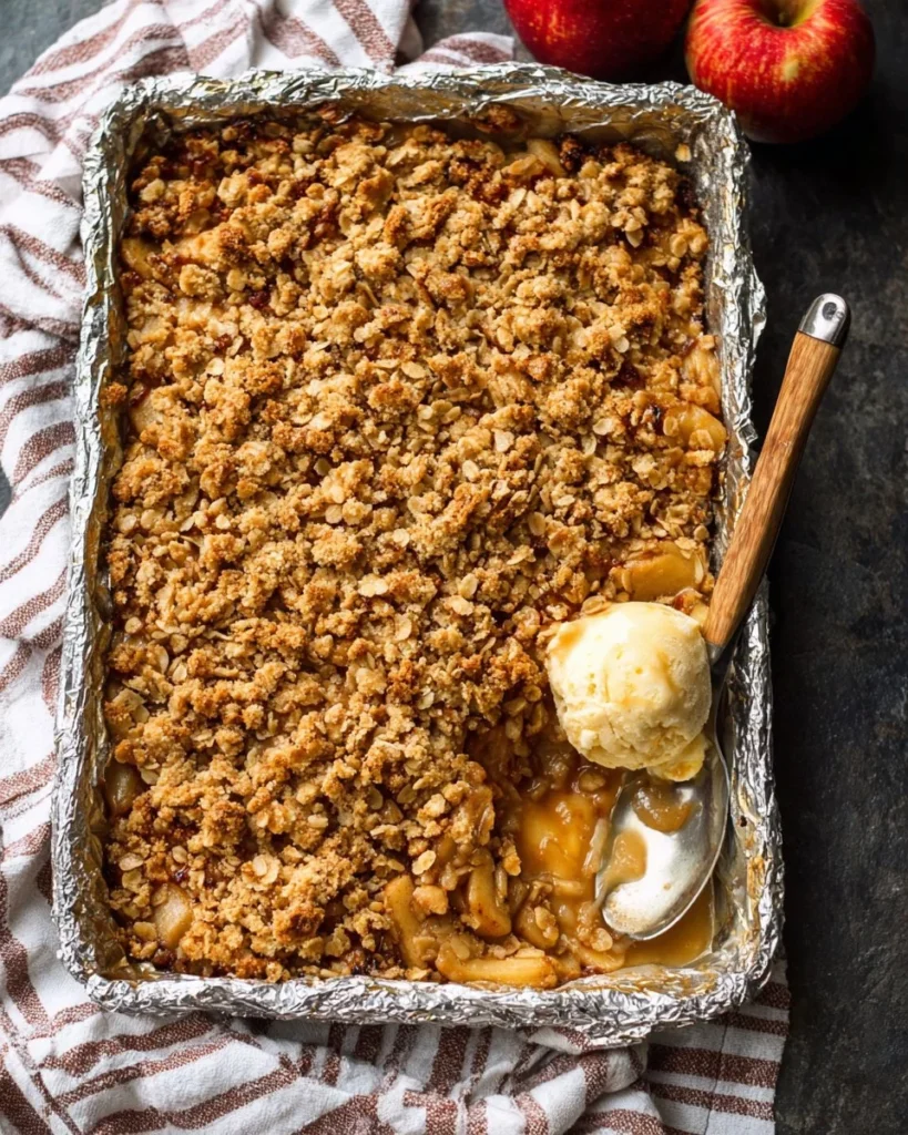 Sheet pan apple crisp with golden oats and cinnamon topping