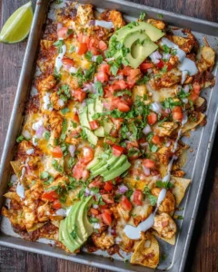 Tasty sheet pan chicken nachos loaded with cheese and toppings