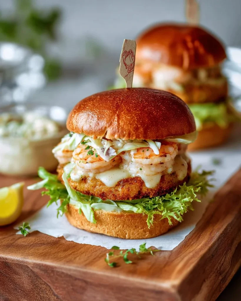 Delicious shrimp burgers garnished with fresh ingredients on a plate.