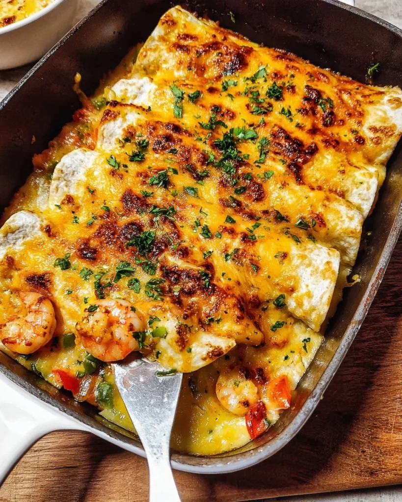 Shrimp enchiladas topped with sauce and fresh cilantro on a plate.