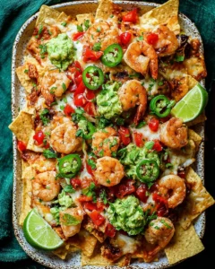 Delicious shrimp nachos topped with fresh ingredients and melted cheese