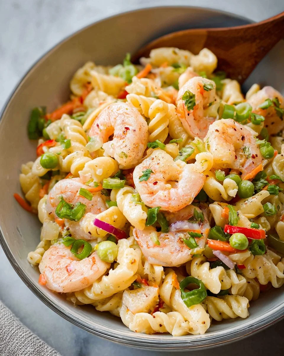 Shrimp pasta salad served in a bowl with fresh vegetables and dressing