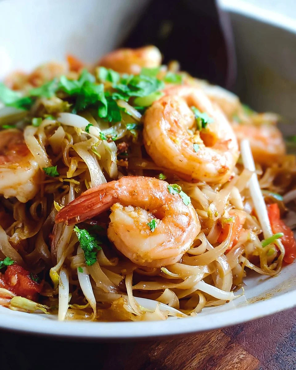 Delicious Shrimp Pad Thai garnished with lime and peanuts, showcasing vibrant colors.