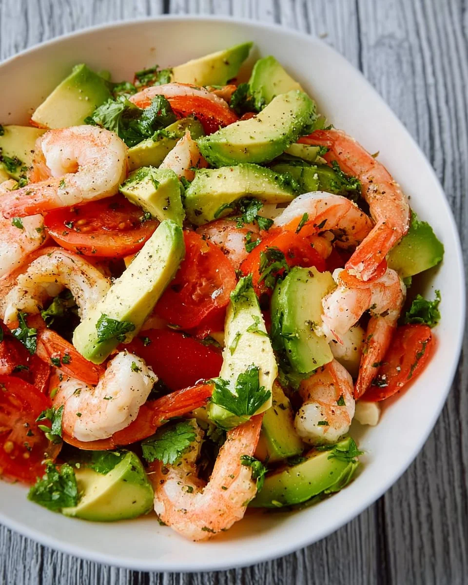 Delicious shrimp salad with avocado served in a bowl.