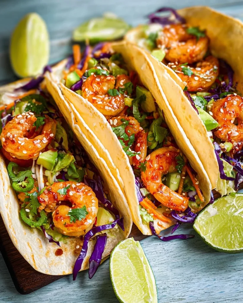 Delicious shrimp tacos topped with fresh ingredients and vibrant salsa