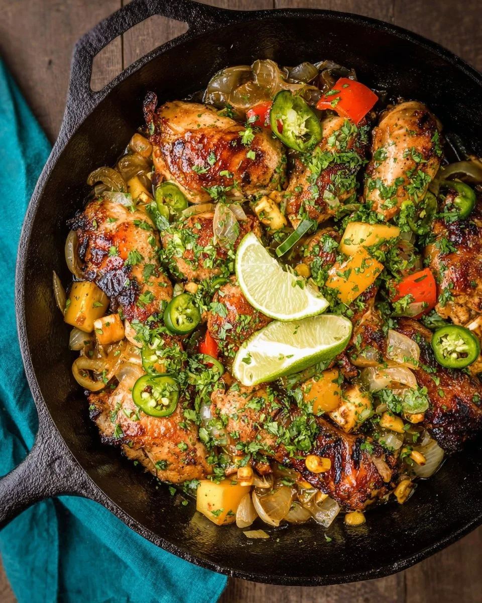 One Pan Caribbean Jerk Chicken Skillet garnished with herbs and spices