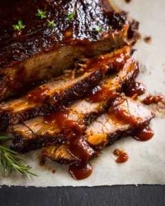 Slow cooker beef brisket with BBQ sauce served on a plate
