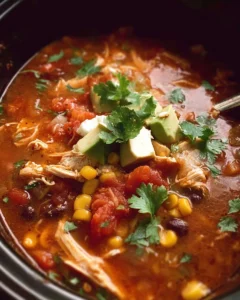 Bowl of Slow Cooker Mexican Chicken Soup with fresh toppings