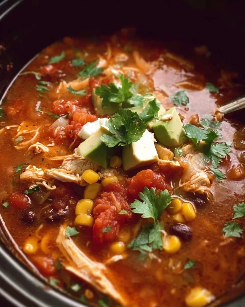 Bowl of Slow Cooker Mexican Chicken Soup with fresh toppings