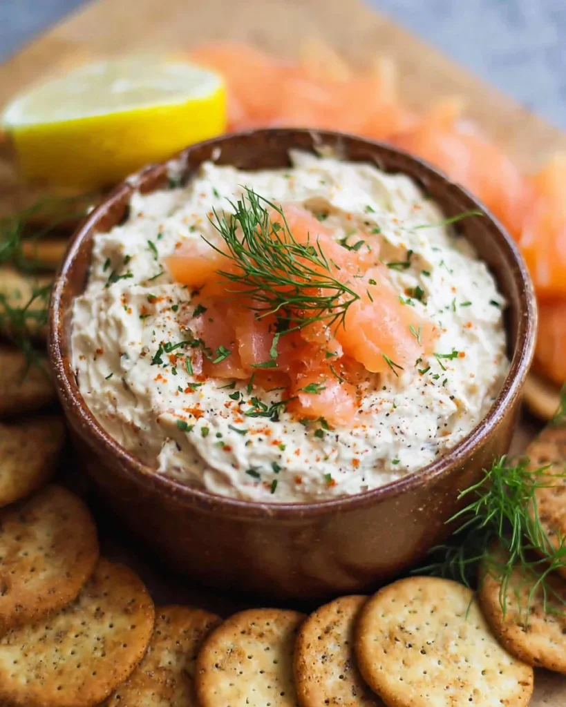 Delicious smoked salmon dip served in a bowl with chips on the side