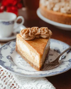 Delicious snickerdoodle cheesecake topped with dulce de leche