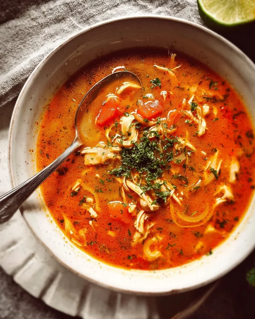 A bowl of spicy chicken soup with vibrant vegetables and herbs
