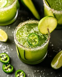Spicy Cucumber Jalapeno Margarita topped with fresh cucumber slices